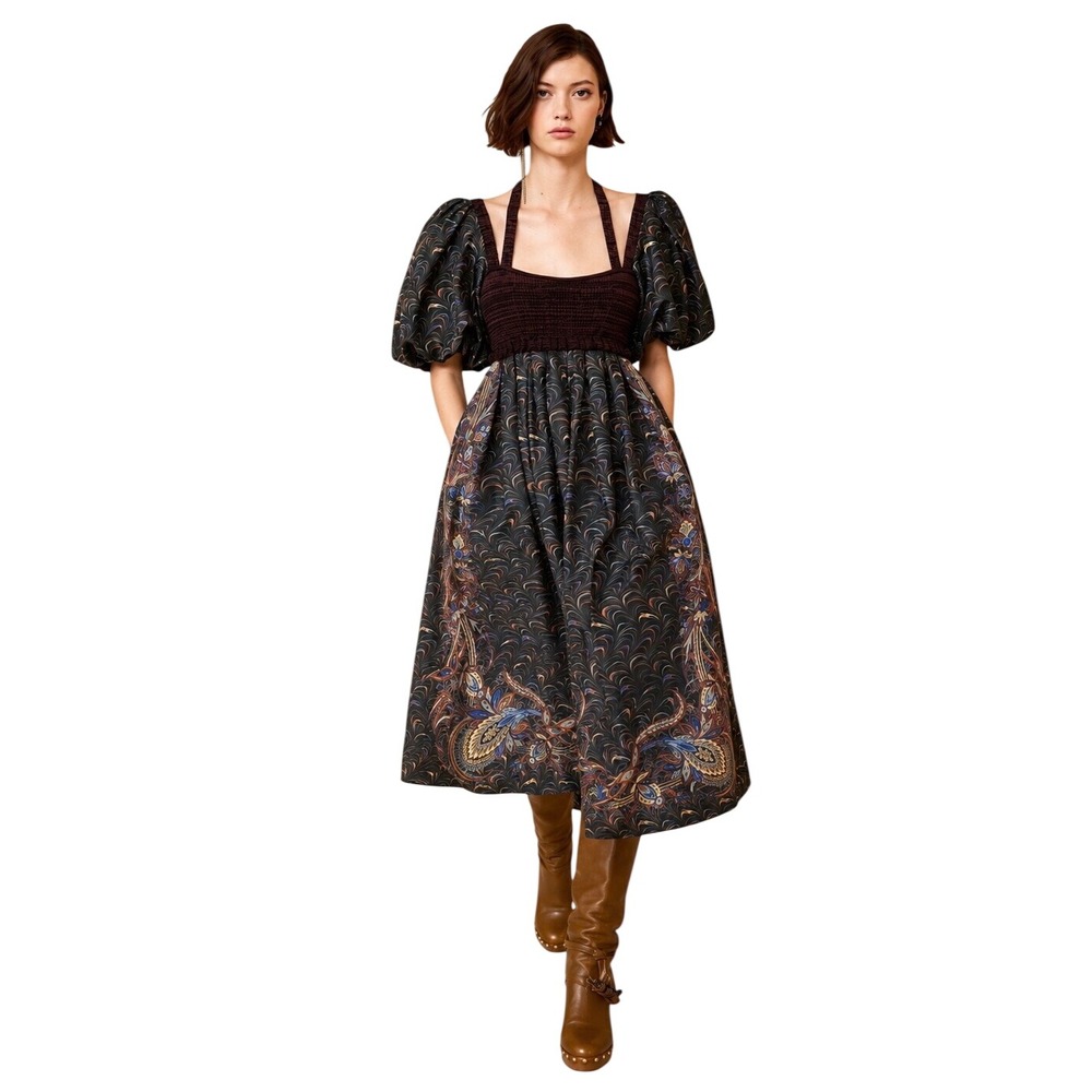 Ulla Johnson Philippa Obsidian Puff Sleeve Midi Dress Open Back Romantic Sz 0